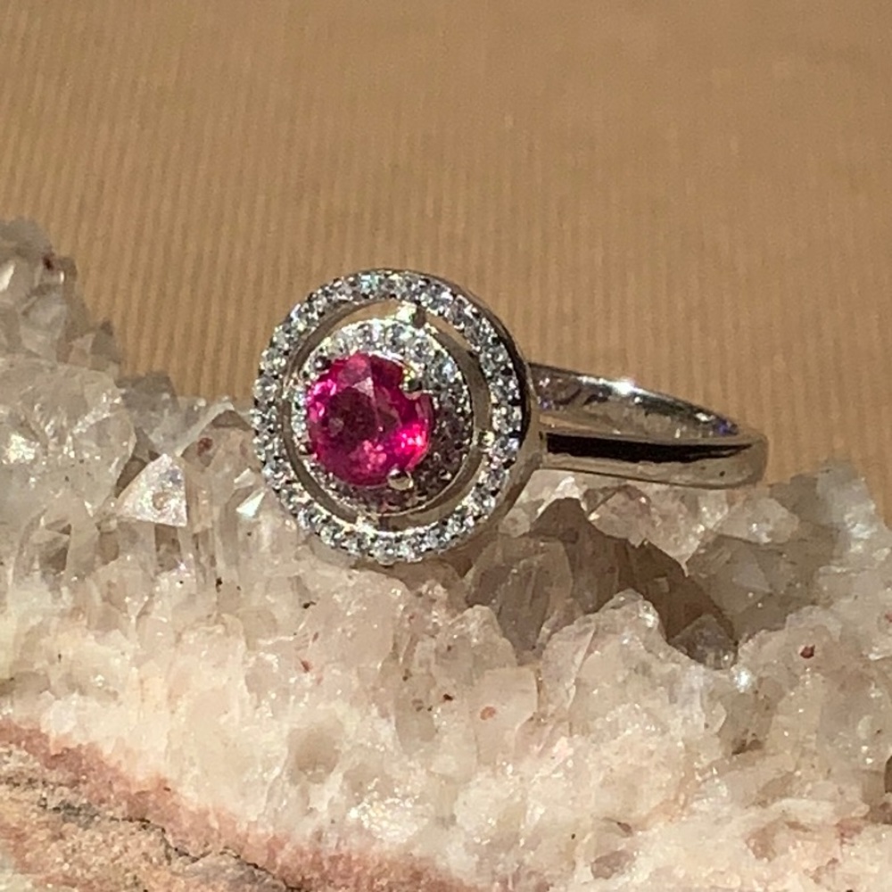 PINK TOPAZ WITH SIMULATED CZ 925 STERLING SILVER RING, SIZE 8